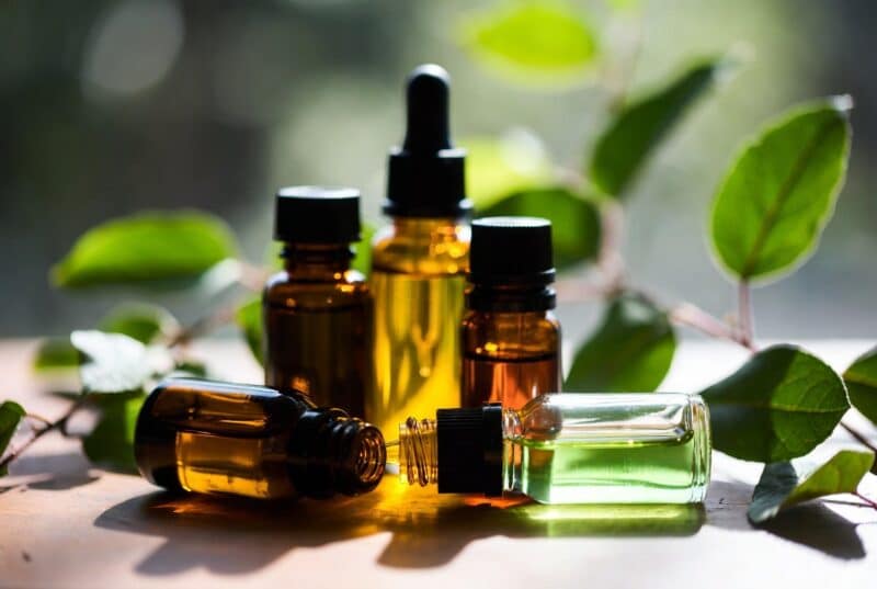 Eco friendly skincare natural botanical oils in glass dropper bottles with fresh green leaves, Meadowfoam Oil, Abyssinian Oil and Red Raspberry Seed Oil for dry sensitive skin