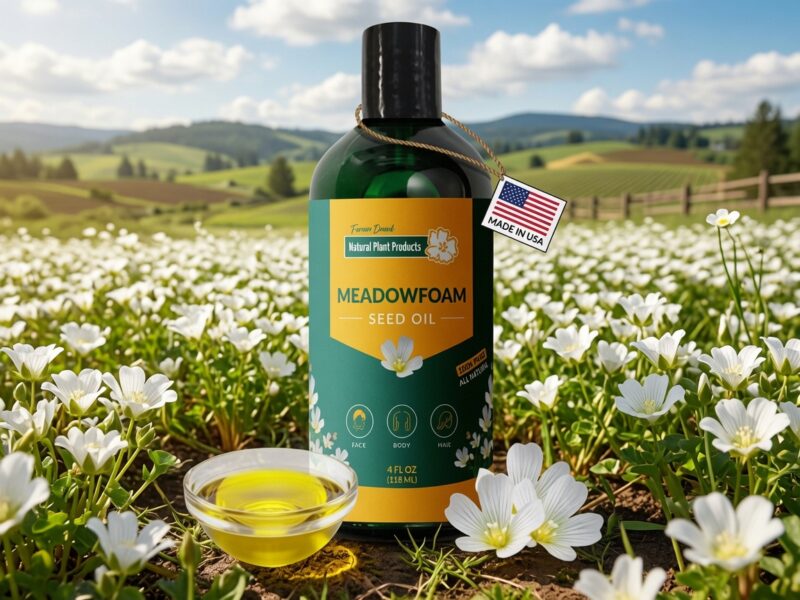 Meadowfoam seed oil bottle from Natural Plant Products displayed in beautiful Oregon meadowfoam flower field, pure natural carrier oil for hair hydration and shine, made in USA