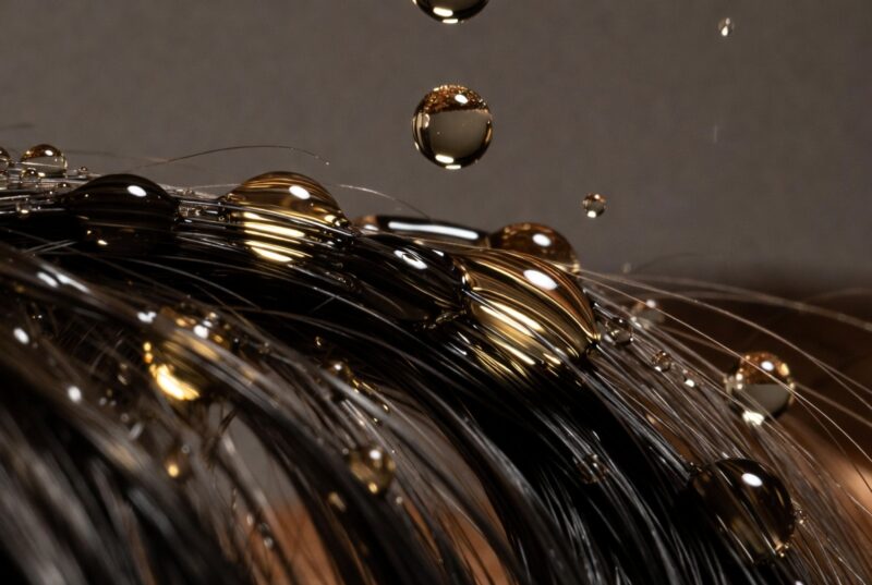 Golden Abyssinian oil droplets gently coating healthy shiny hair strands showing lightweight non-greasy texture for everyday natural hair care