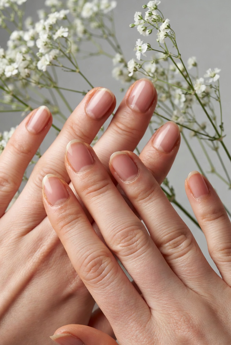 Close-up of healthy hydrated cuticles and strong shiny natural nails on woman's hands surrounded by delicate white flowers, natural nail care results from botanical cuticle oils