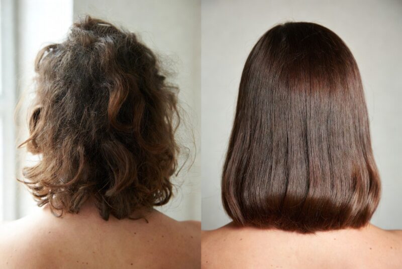 Side-by-side comparison of dry frizzy hair on the left and smooth shiny hydrated hair on the right after using meadowfoam seed oil, showing deep hydration and frizz control results