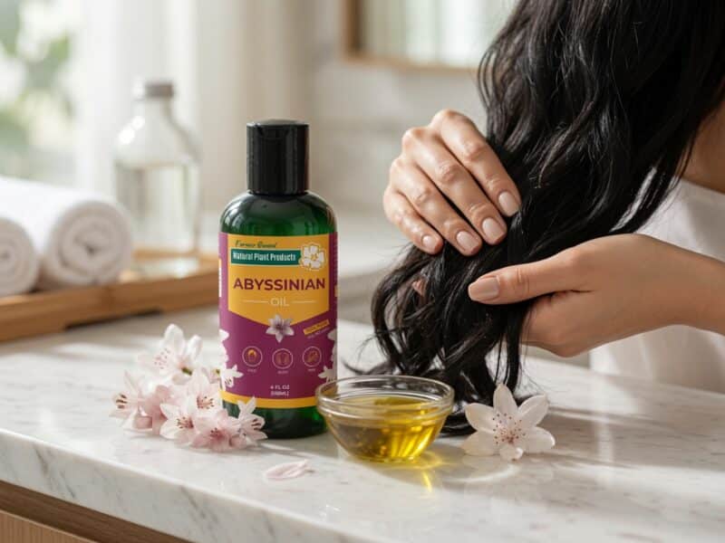 Woman with healthy dark hair applying moisturizing Abyssinian oil for scalp health, Natural Plant Products pure botanical oil with flowers, lightweight hair oil for dry scalp and hydration