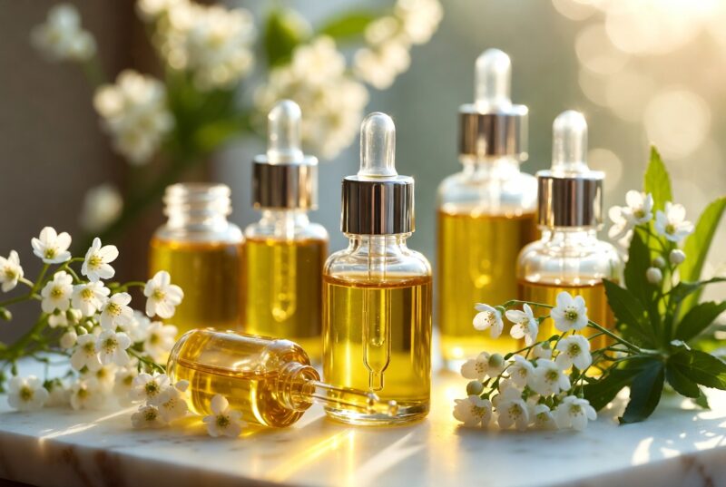 Golden natural botanical seed oils in glass dropper bottles with fresh meadowfoam flowers on marble surface, premium hydrating face serum ingredients for dry skin