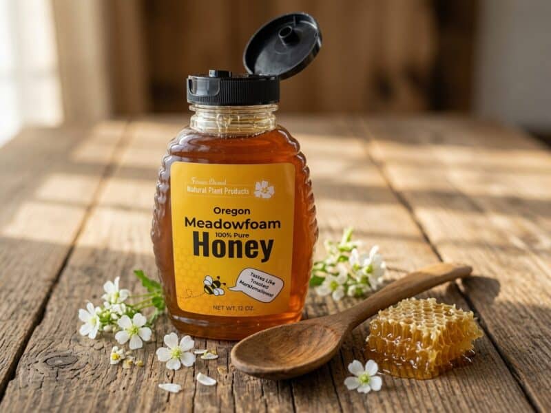 Oregon Meadowfoam Honey 100% pure bottle from Natural Plant Products with open black lid sitting on rustic wooden table next to wooden spoon honeycomb piece and white meadowfoam flowers soft natural light toasted marshmallow flavor