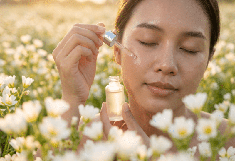 Woman with glowing skin applying lightweight natural moisturizer for oily skin using a dropper in a beautiful white flower meadow, demonstrating Meadowfoam and Abyssinian oil for hydrated, balanced complexion and non-greasy skincare