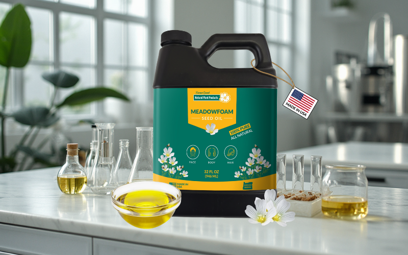 Large green wholesale jug of Natural Plant Products Meadowfoam Seed Oil on white marble counter with lab glassware, American flag tag, and fresh flowers, bulk natural oil for clean beauty manufacturing