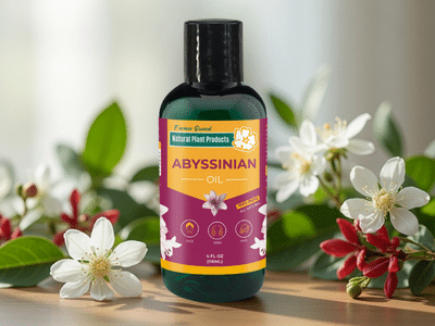 Pure Abyssinian oil bottle from Natural Plant Products surrounded by white and red Abyssinian flowers, natural moisturizing oil for scalp health and hair hydration, Oregon grown botanical oil
