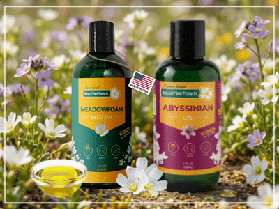 Natural Plant Products Meadowfoam Seed Oil and Abyssinian Oil bottles displayed together in a flower field with small glass dish of oil, farmer-owned Oregon botanical oils, best natural moisturizer for oily skin, 100% pure lightweight non-comedogenic face oils