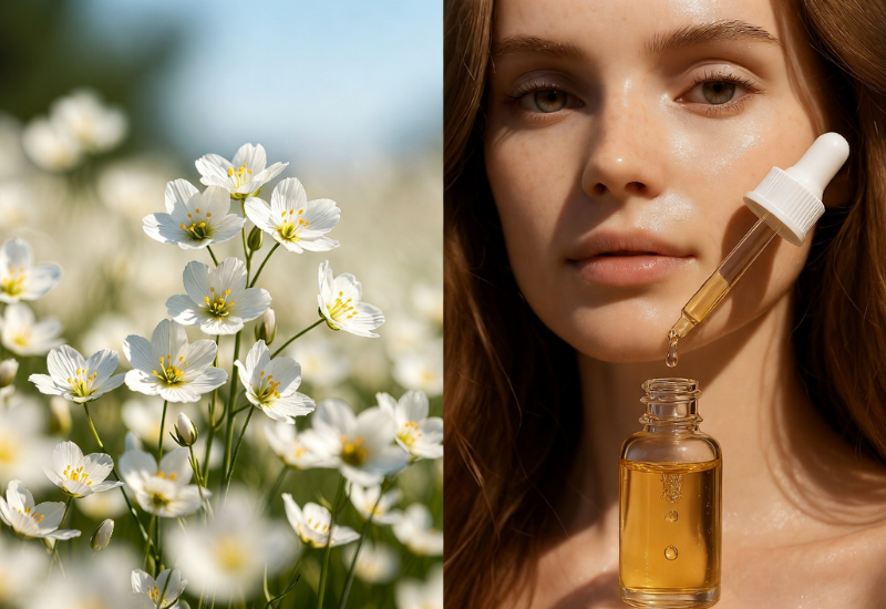 Woman with radiant glowing skin holding dropper of natural meadowfoam seed oil with white meadowfoam flowers in background, natural moisturizing body oil for healthy hydrated skin