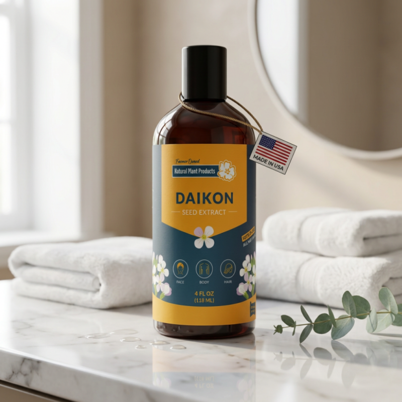 Daikon seed extract hair oil bottle by Natural Plant Products on marble counter with white towels, made in USA farmer owned natural hair moisturizer for hydration and shine