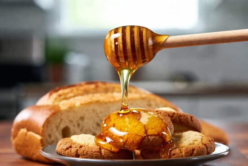 Thick golden meadowfoam honey flavor being drizzled from a wooden honey dipper onto fresh cookies and bread, delicious sustainable sweetener for baking and cooking