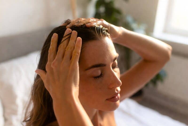 Relaxed woman applying Abyssinian oil scalp massage for stronger healthier hair, natural scalp oil treatment, clean beauty hair care