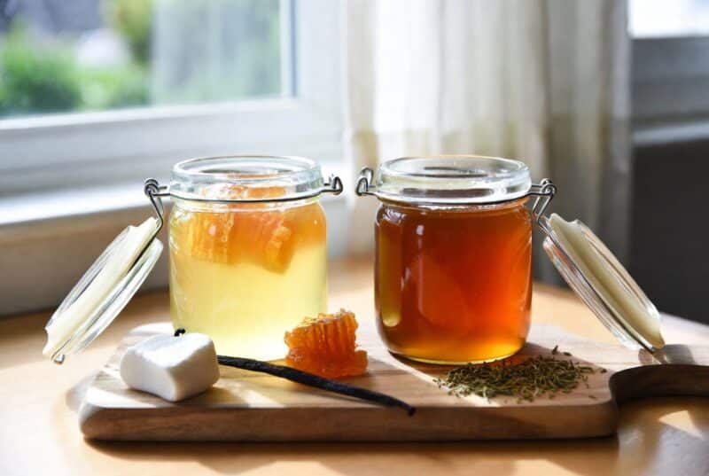 Side-by-side glass jars of light golden meadowfoam honey and darker amber manuka honey on wooden board with marshmallow vanilla bean honeycomb and dried herbs natural window light flavor comparison