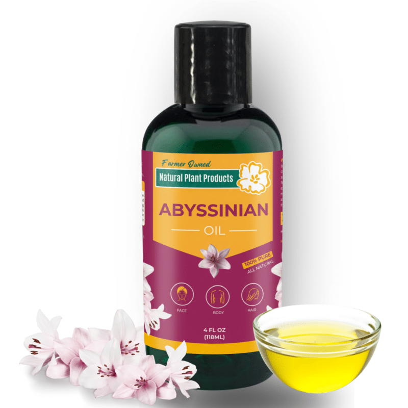 Pure Abyssinian oil bottle from Natural Plant Products, 100% natural farmer-owned scalp oil for healthy hair and skin, shown with flowers and oil in glass bowl