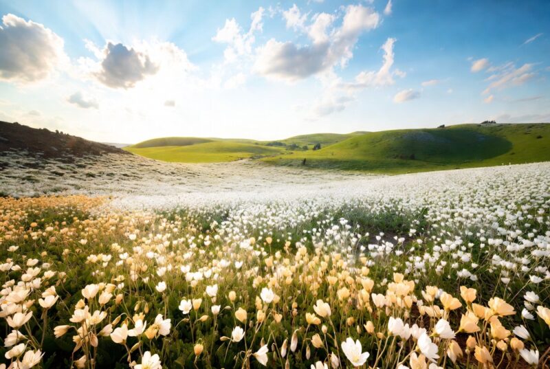Expansive Oregon Willamette Valley meadowfoam flower fields in full spring bloom with white and yellow flowers under sunny blue sky, sustainable farmer-owned honey source for Natural Plant Products Oregon Meadowfoam Honey