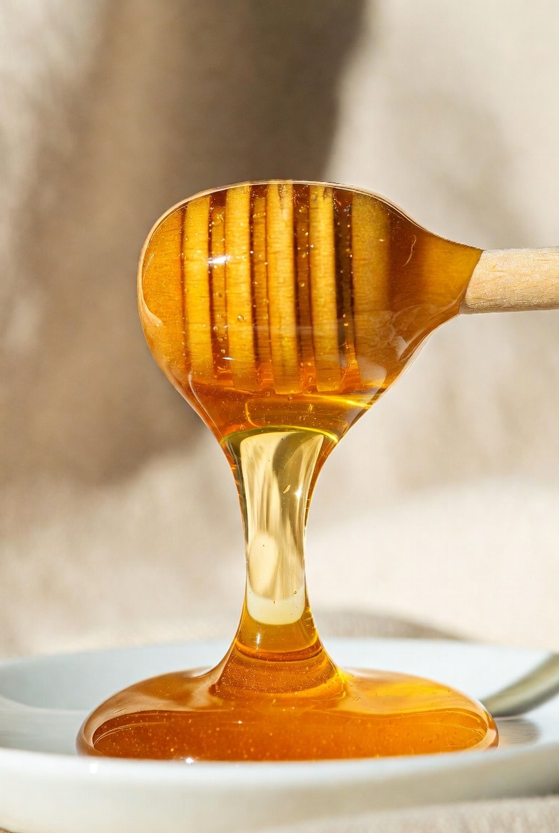 Pure golden raw meadowfoam honey slowly dripping from a wooden honey dipper showing its smooth creamy texture and toasted marshmallow color, premium Oregon honey close-up
