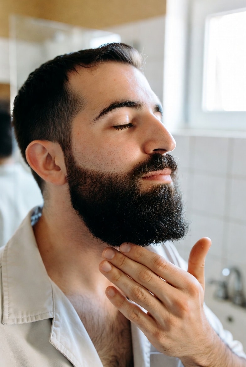 Man with thick dark beard gently massaging natural beard growth oil into his jawline and skin in a bright bathroom, showing healthy beard care routine