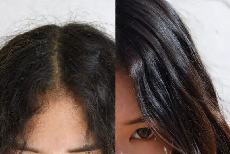 Before and after comparison of frizzy damaged hair versus smooth shiny frizz-free hair after using botanical hair oil, natural hair transformation with Oregon meadowfoam seed oil