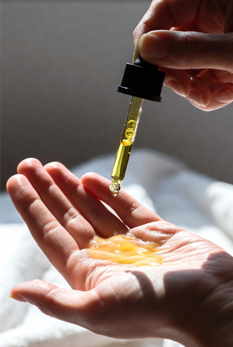 Golden Abyssinian Oil being dispensed from dropper onto hand, lightweight natural hair and scalp oil for moisturizing and repair