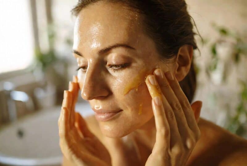 Woman with glowing skin gently massaging natural botanical oil cleanser on dry face for gentle makeup removal and soft hydrated skin, natural skincare routine with meadowfoam and abyssinian oils
