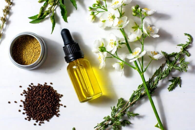 Flat lay of premium natural oils from sustainable skincare brands featuring meadowfoam seed oil, daikon seeds, and fresh flowers on white background, highlighting clean beauty and Oregon-grown botanical ingredients
