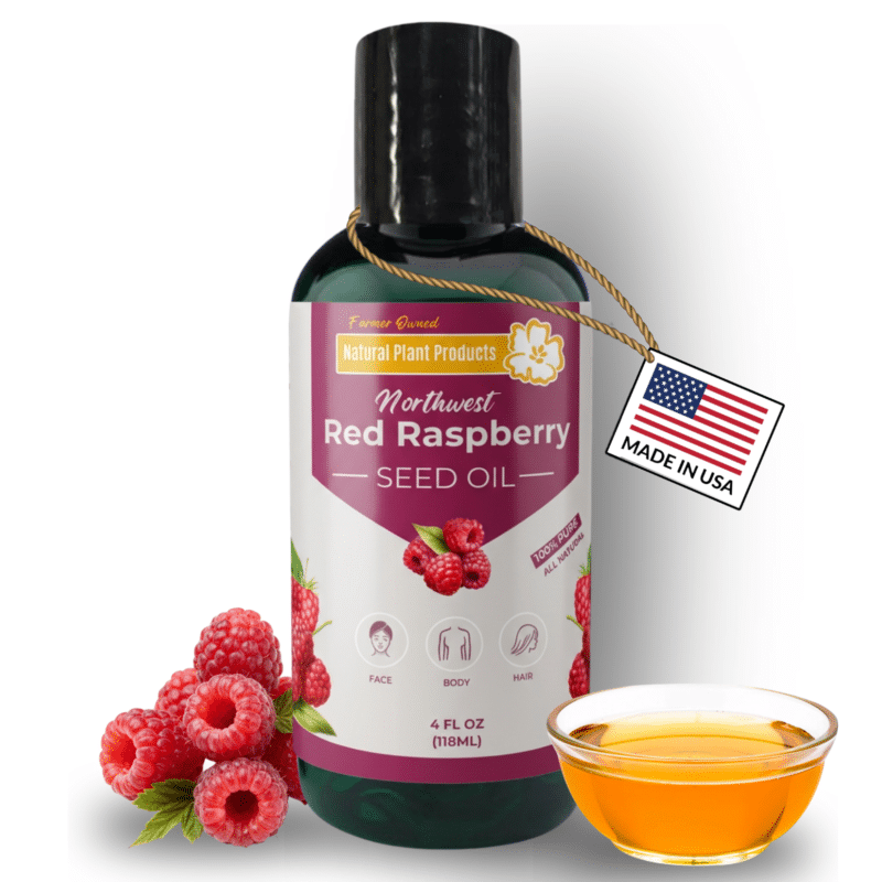Red Raspberry Seed Oil bottle from Natural Plant Products, 100% natural farmer-owned USA-made botanical oil for face body and hair, perfect natural cuticle oil ingredient