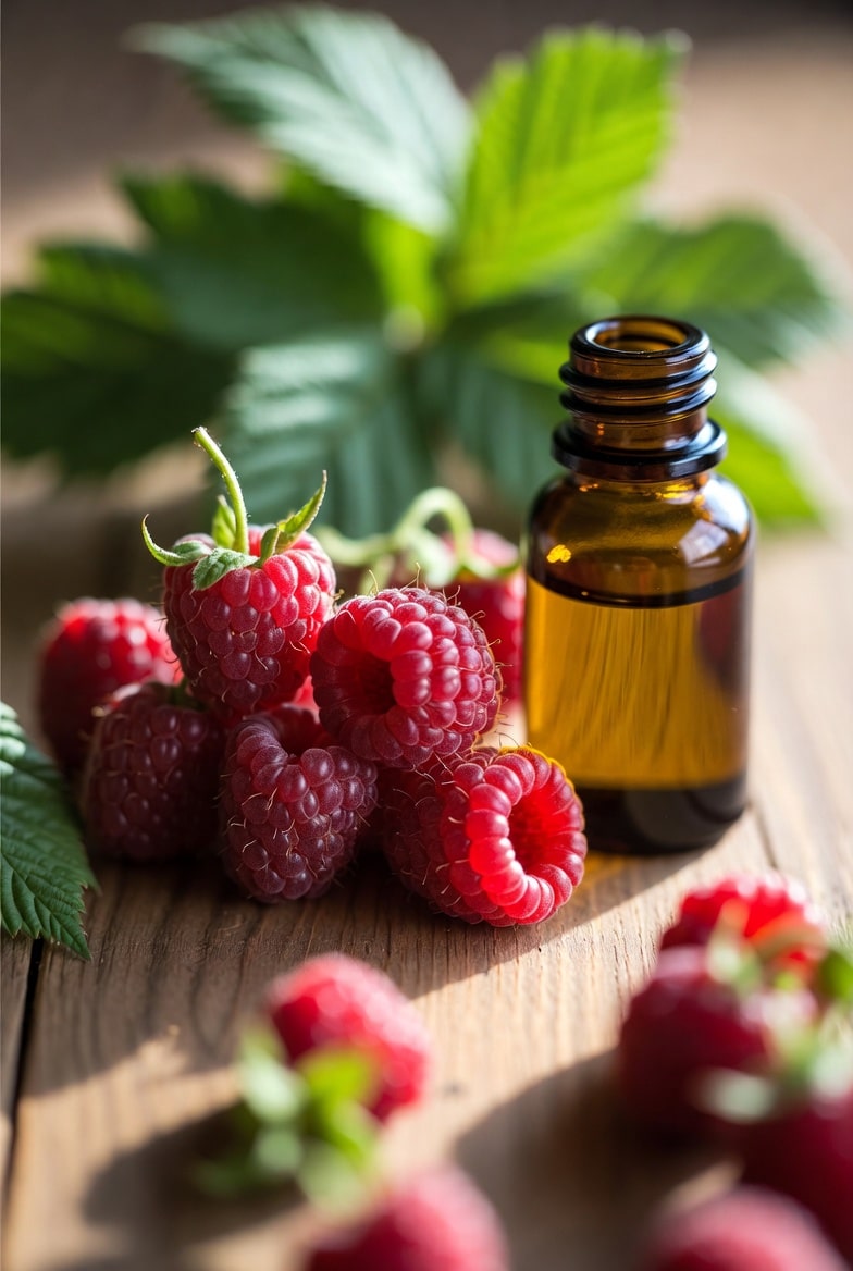 Amber bottle of Raspberry seed oil surrounded by vibrant fresh raspberries and green leaves, powerful antioxidant skin oil for anti-aging and hydration
