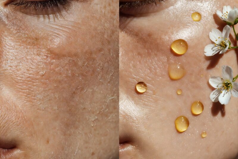 Side-by-side comparison of dry flaky skin and smooth hydrated glowing skin with golden natural oil droplets and meadowfoam flowers, results from best hydrating serum for dry skin