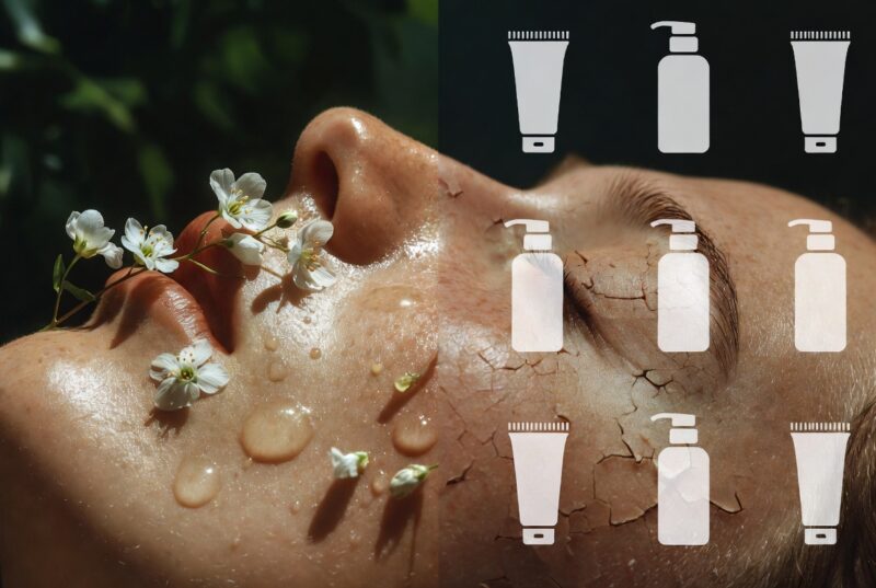 Side-by-side comparison of healthy glowing skin nourished by natural botanical oils versus dry cracked skin with synthetic moisturizers, illustrating skin barrier benefits for natural skincare formulation