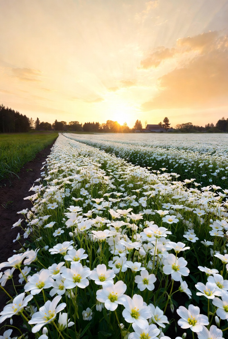 Beautiful blooming white meadowfoam flowers in sustainable Oregon Willamette Valley farm field at golden hour, source of premium natural moisturizing oils for hair hydration and healthy hair care