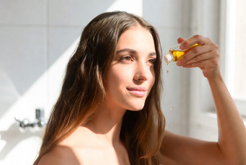 Woman with long healthy hair applying pure Abyssinian oil for frizz control shine and hydration in daily natural hair care routine
