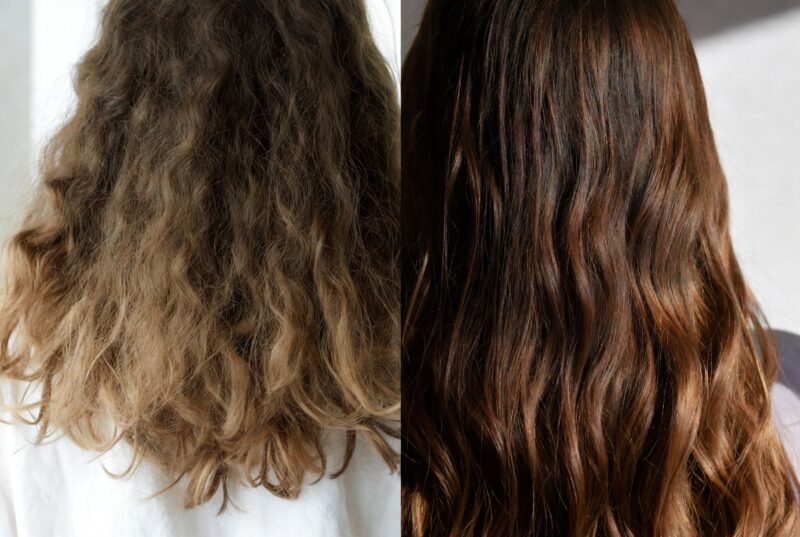 Side-by-side comparison of dry frizzy damaged hair vs smooth shiny healthy hair after meadowfoam seed oil treatment, natural hair repair and shine results