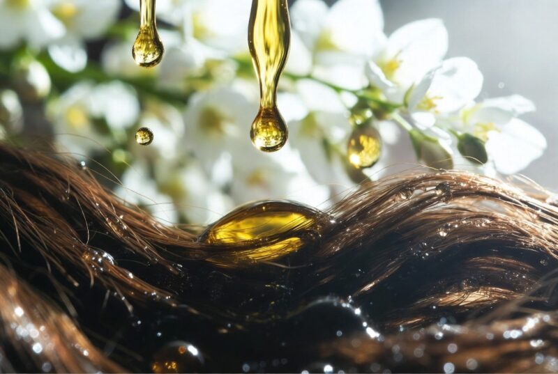 Golden meadowfoam seed oil drops falling onto smooth shiny brown hair with white meadowfoam flowers in background, natural hair oil treatment for damage repair and shine