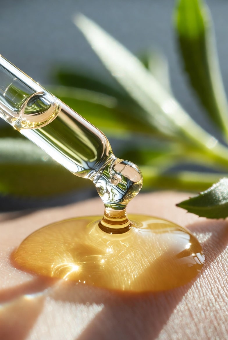 Pure golden Meadowfoam seed oil dropping from glass dropper onto skin with fresh botanical leaves in background, natural antioxidant skincare oil from Oregon