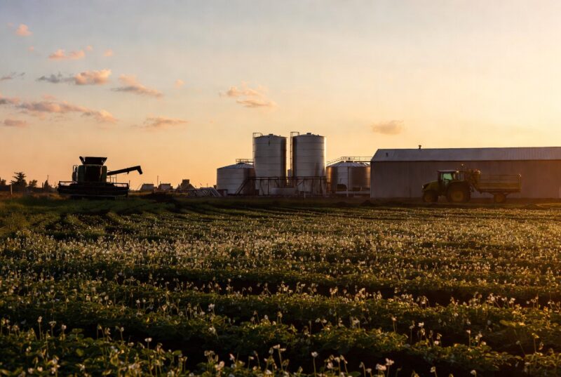 Oregon Willamette Valley meadowfoam flower field at golden hour with harvesting equipment and large bulk oil storage tanks, sustainable farmer-owned source of Meadowfoam Seed Oil and Daikon Seed Extract