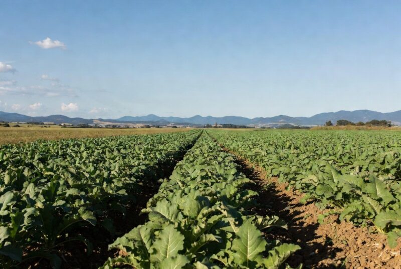 Sustainable Oregon Willamette Valley daikon radish farm field with green leafy plants growing in rich soil, highlighting farmer-owned natural botanical ingredients for skincare