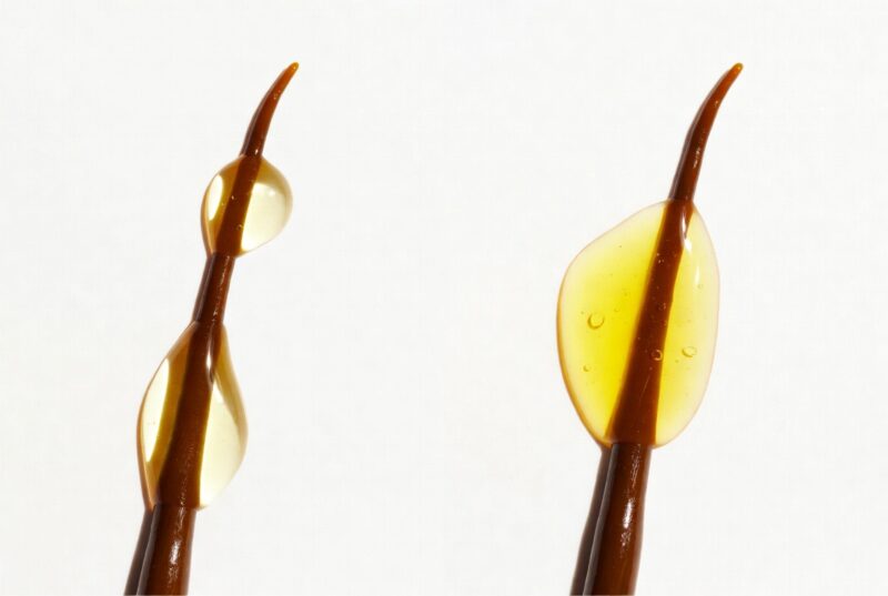 Close-up side-by-side comparison of lightweight golden Meadowfoam Seed Oil drop and richer hair oil texture on applicator, demonstrating non-greasy absorption for natural hair moisturizing