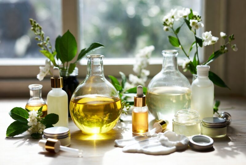 Luxury flat lay of golden Meadowfoam Seed Oil and Daikon Seed Extract in elegant glass bottles and jars with fresh white flowers and cream textures, natural bulk botanical oils for skincare and haircare formulations