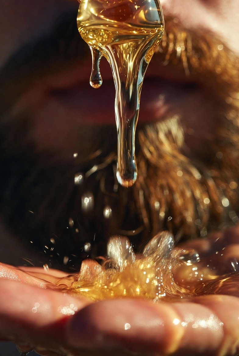 Golden natural beard growth oil dripping from dropper onto fingers with healthy beard in background, highlighting texture and quality of botanical beard oil for thicker fuller beards