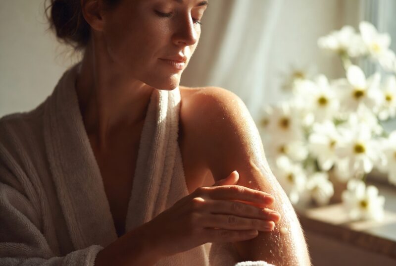 Woman with glowing hydrated skin gently applying lightweight natural Daikon Seed Extract oil to shoulder and arm, clean beauty routine for dry sensitive skin moisturizing