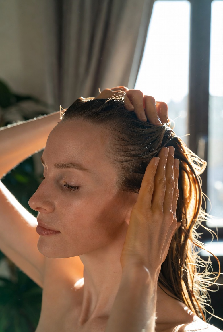 Woman gently massaging Abyssinian Oil into her scalp and hair for deep repair, hydration, and healthy shine – natural botanical hair care