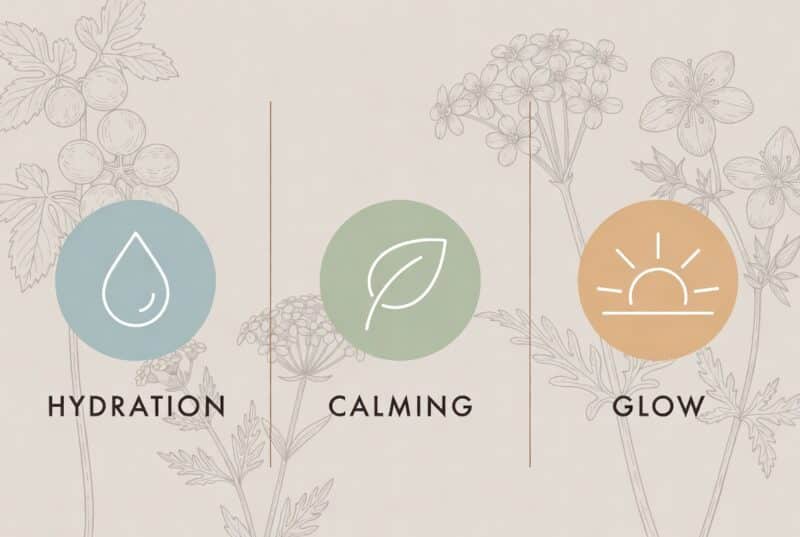 Eco friendly skincare benefits infographic showing hydration, calming, and glow from natural botanical oils ideal for dry sensitive skin routines